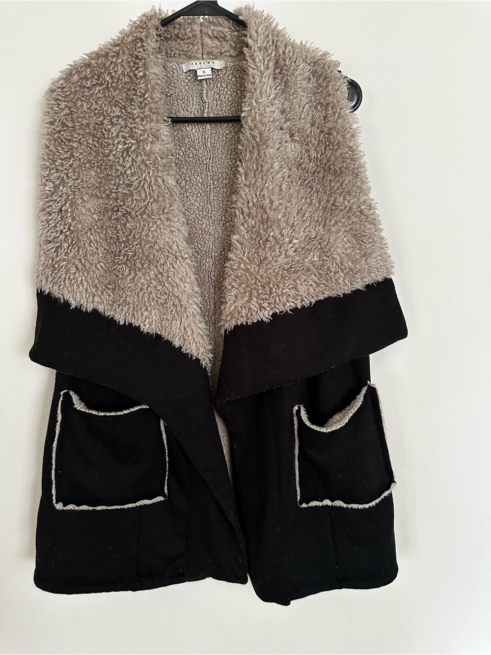 FAVLUX Two-Tone Teddy Shawl Collar Jacket - Black & Taupe